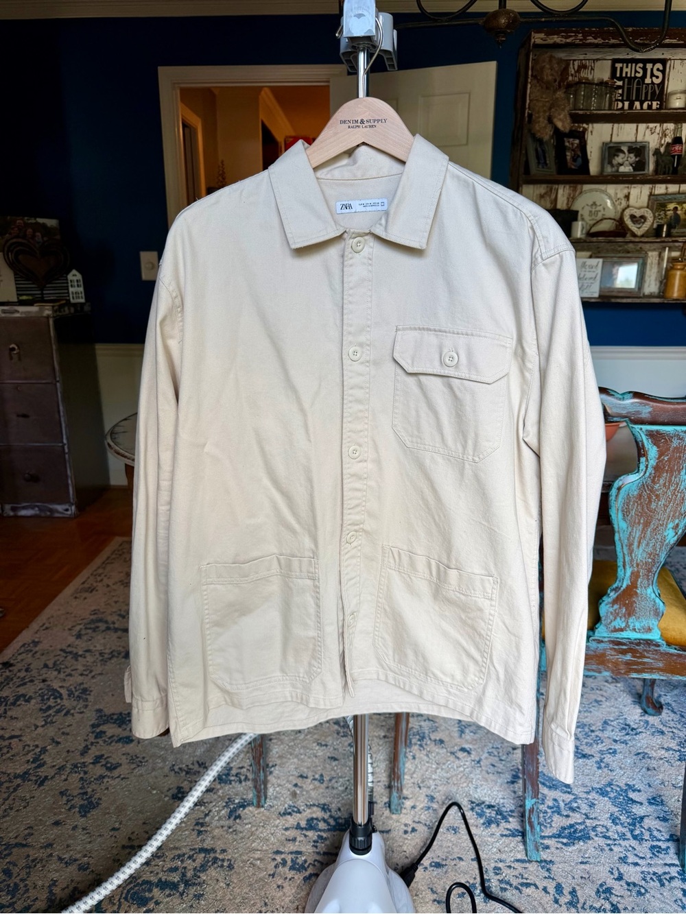 Zara Men’s Beige Button-Front Cotton Shirt Jacket